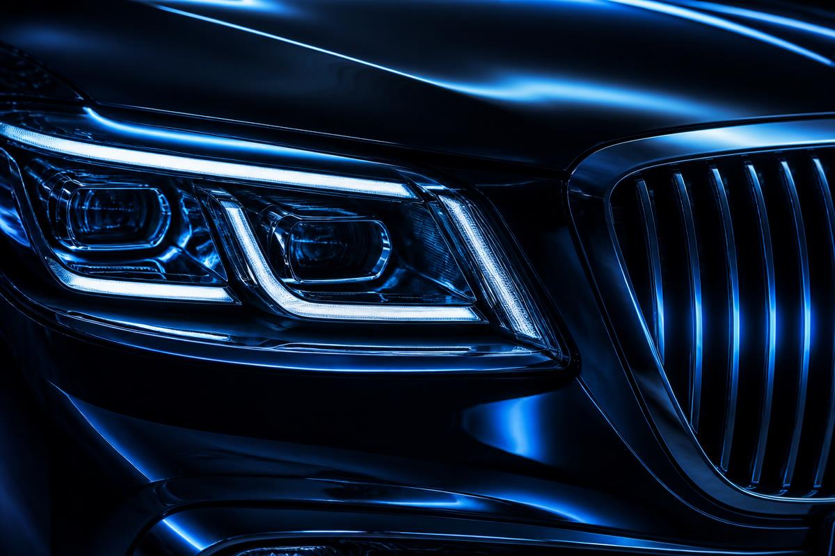 Farol de carro de luxo com reflexos em azul elétrico
